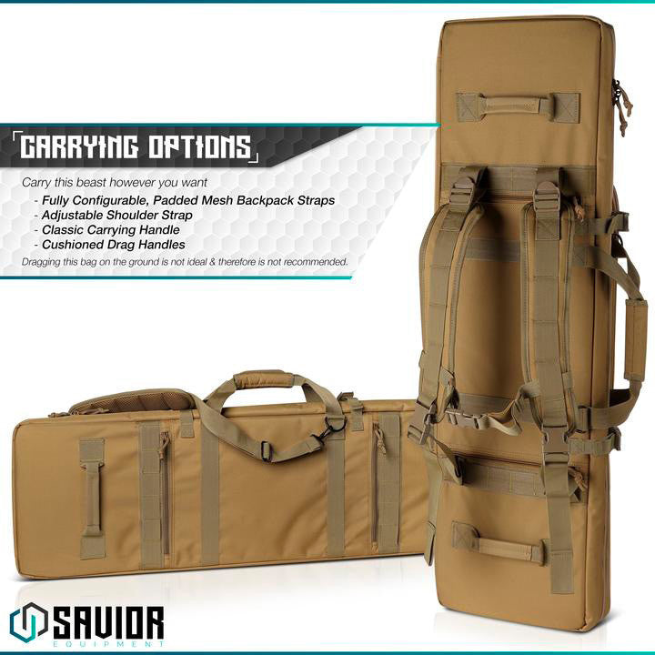 SAVIOR EQUIPMENT, DOUBLE RIFLE BAG GUN - W/ BACKPACK STRAP, TAN, 42'' LONGSAVIOR